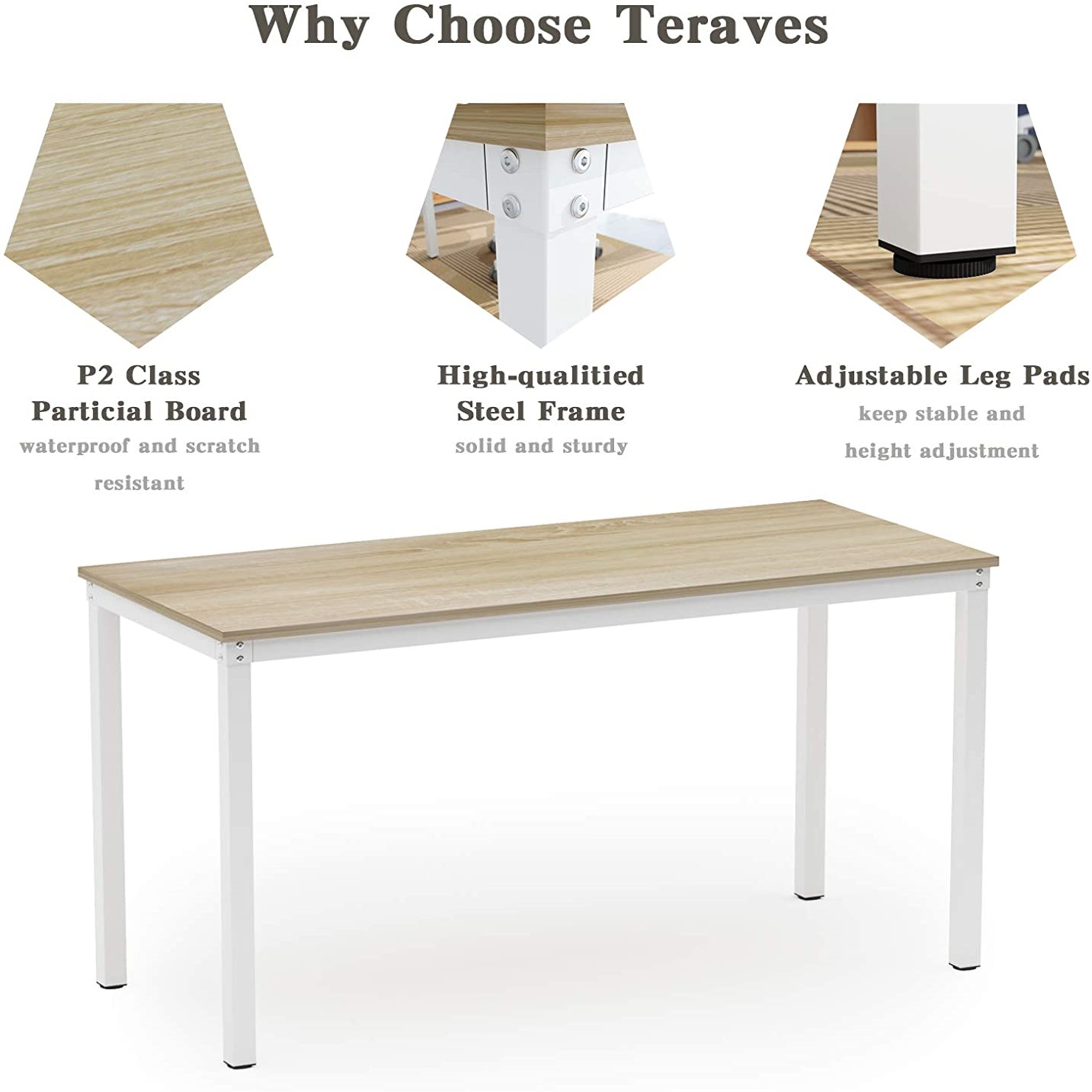 Computer Desk Home Office Wood and Metal, Sturdy Writing Workstation for Home Office (39.37“, Beige + White Frame)